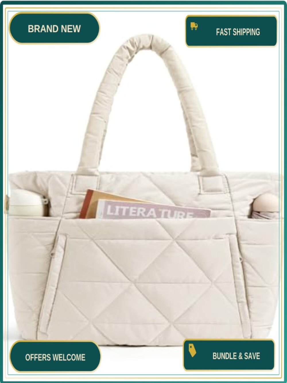 Puffer Tote Bag for Women 20L Laptop Compartment Shoulder Bag